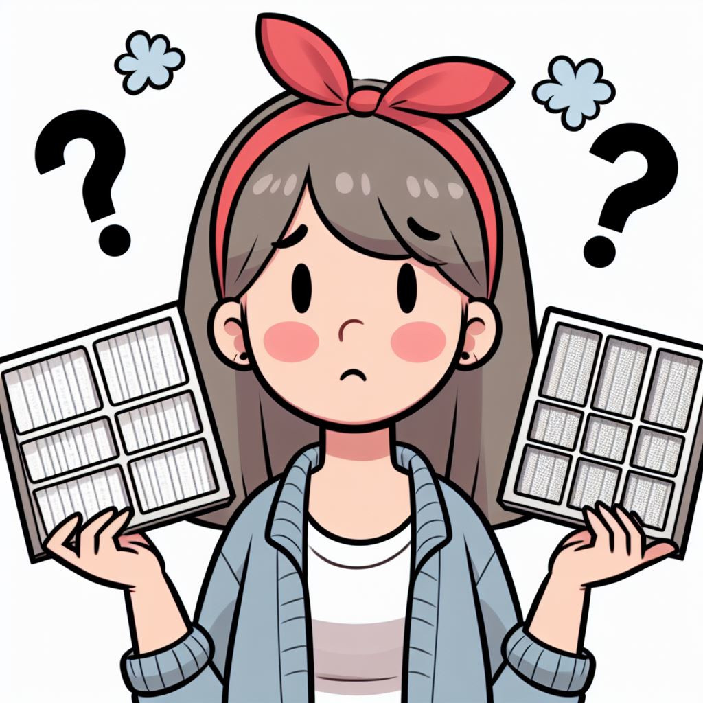 Woman holding two different types of filters, looking confused.